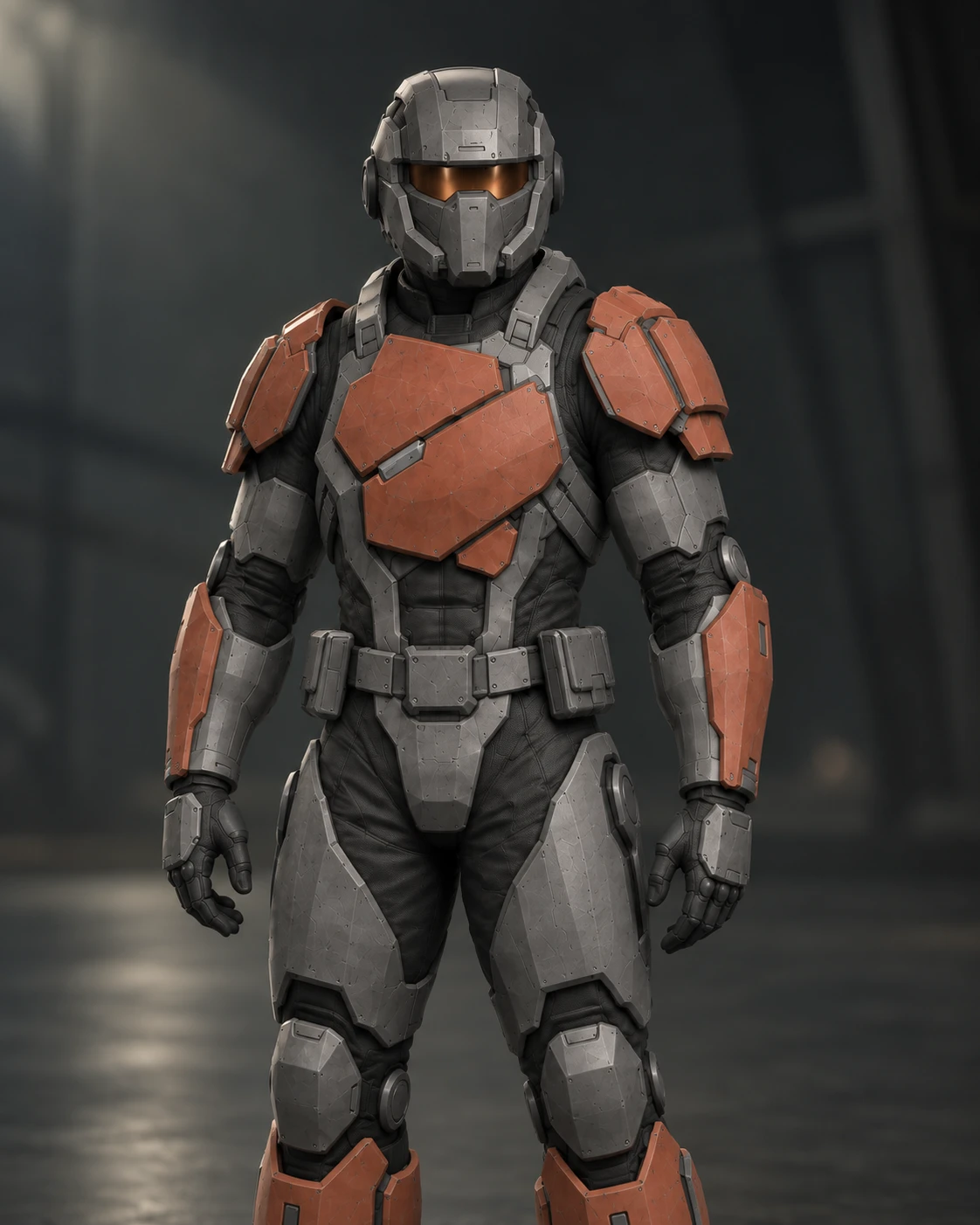 Bulwark Coalition soldier in clay-orange and ash-gray Vanguard armor with overlapping chest plates and an amber visor.