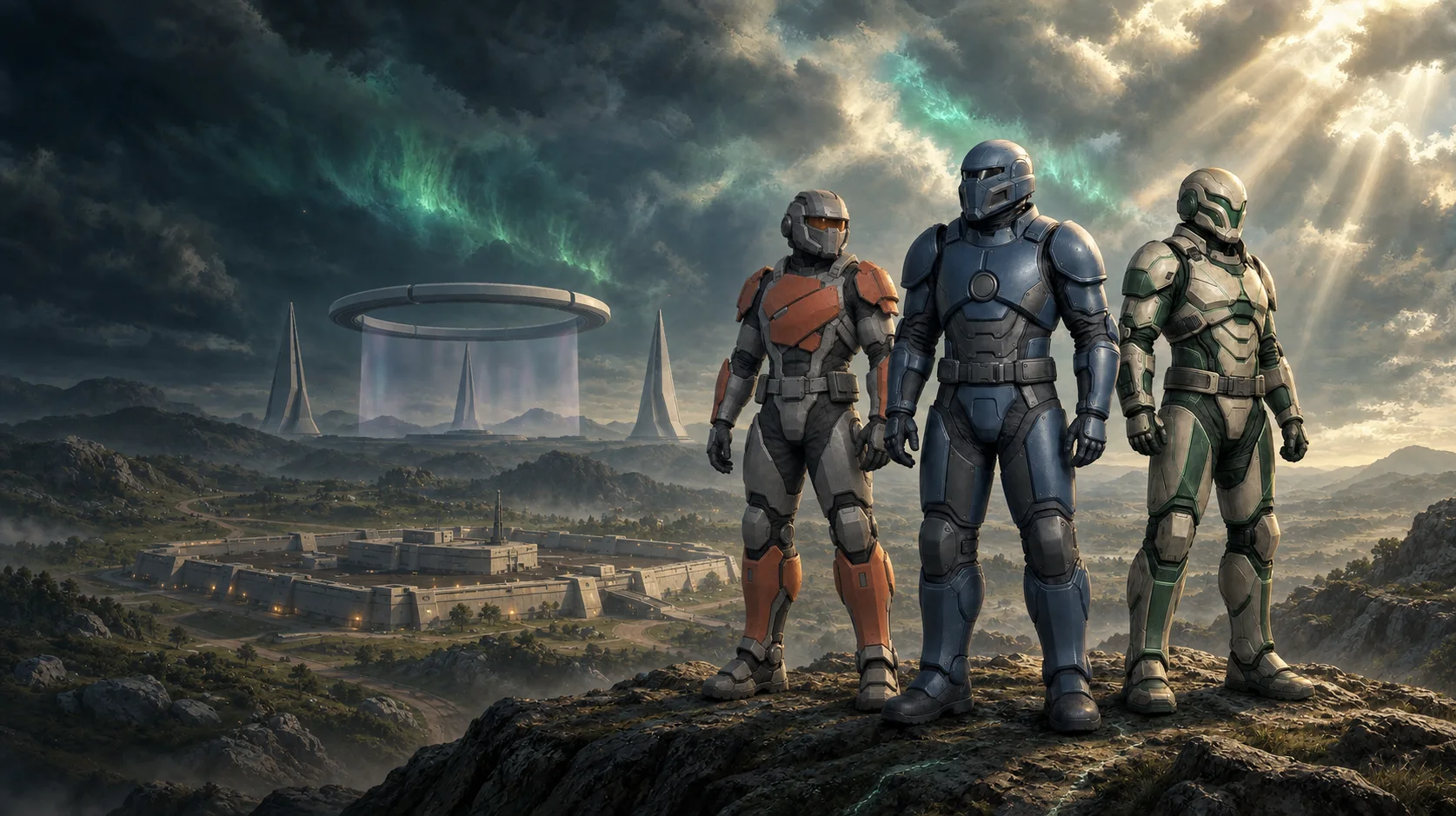 Tessari concept art: a slate-blue Reclamation Pact soldier stands ahead of Bulwark Coalition and Nexus Ascendancy soldiers, above a storm-lit valley with a suspended halo gate and enclosed garrison.