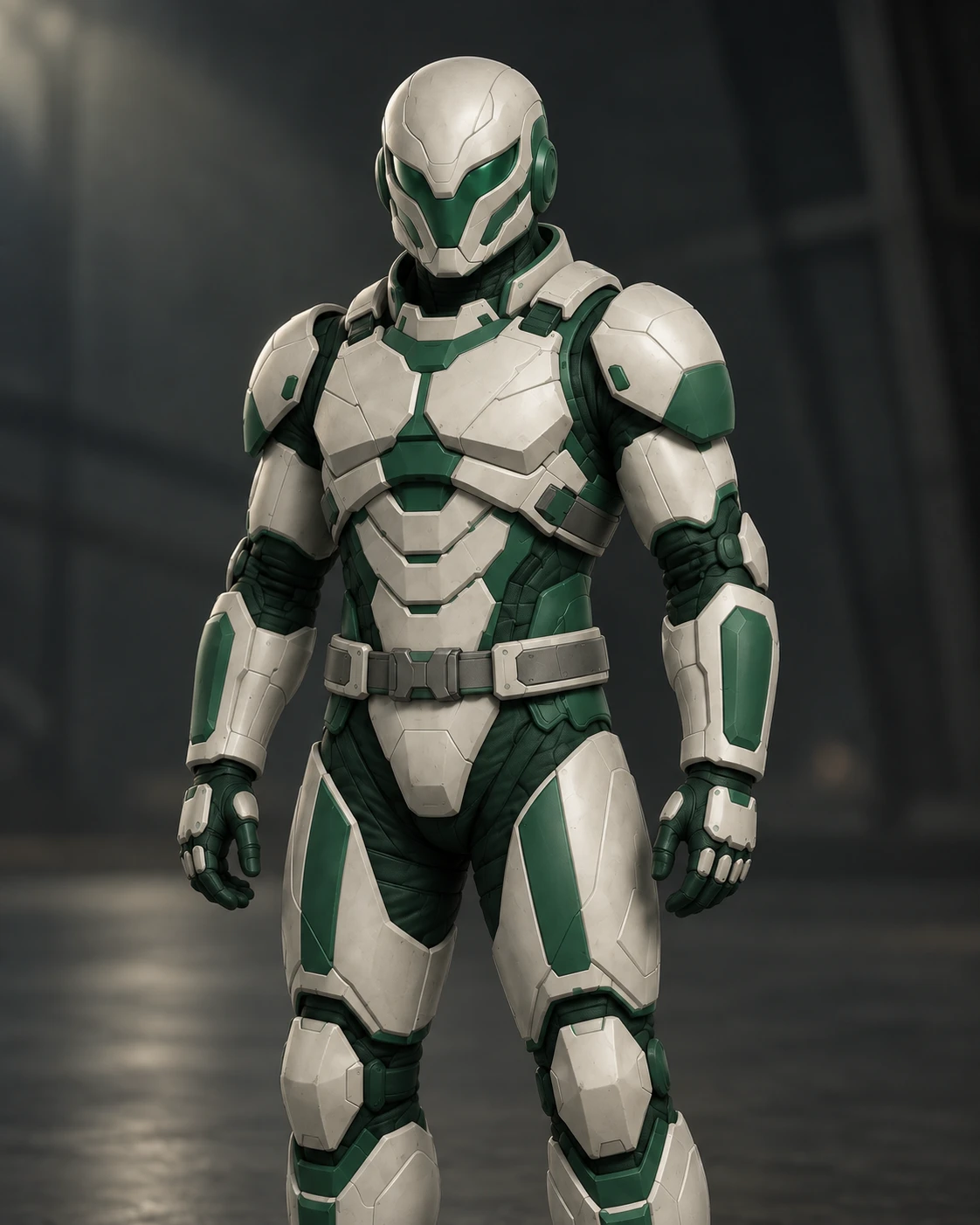 Nexus Ascendancy soldier in curved ivory ceramic armor with broad jade panels and a green visor.