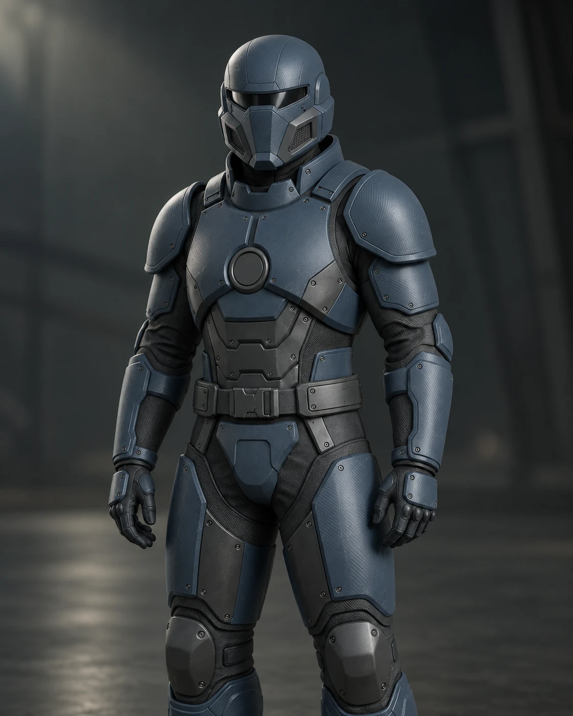 Reclamation Pact soldier in slate-blue composite armor with a narrow black visor and circular chest fitting.