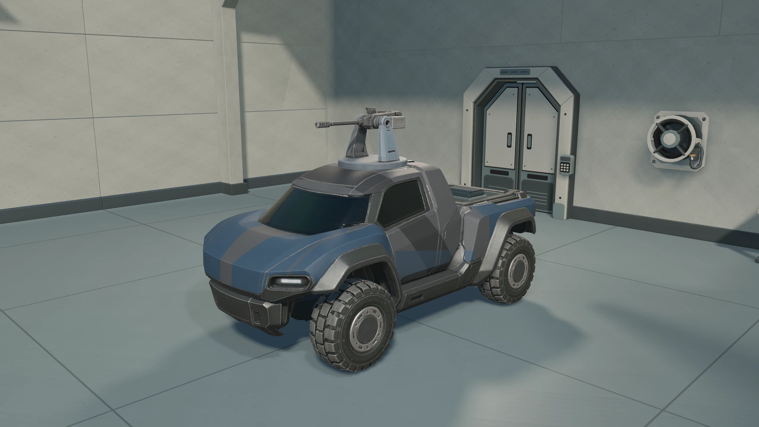Blue-trimmed Torback Scout with its roof-mounted gun, captured in-engine in a colonial service bay.